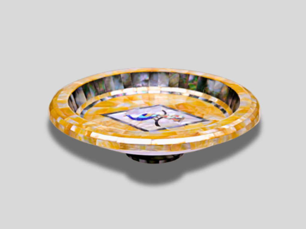 Tableware Mosaic Stone Round Serving Bowl Golden MOP Inlaid Home Decorative